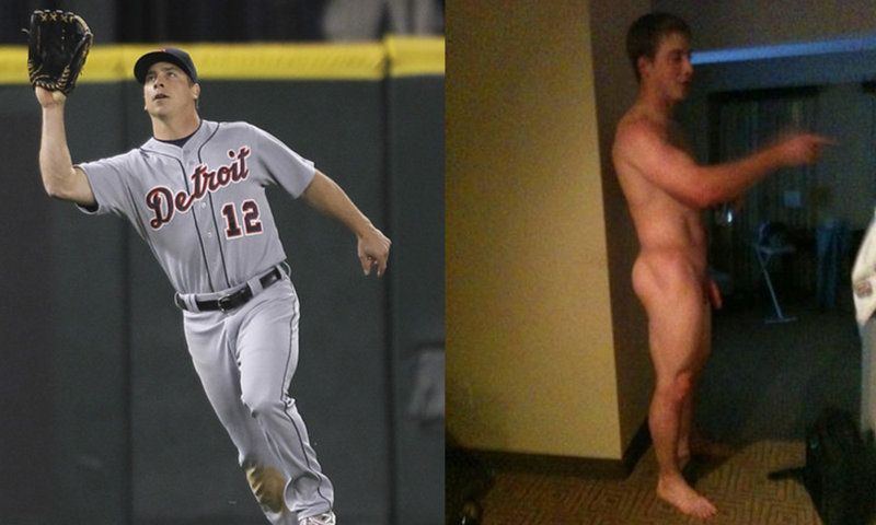 Naked guys playing baseball