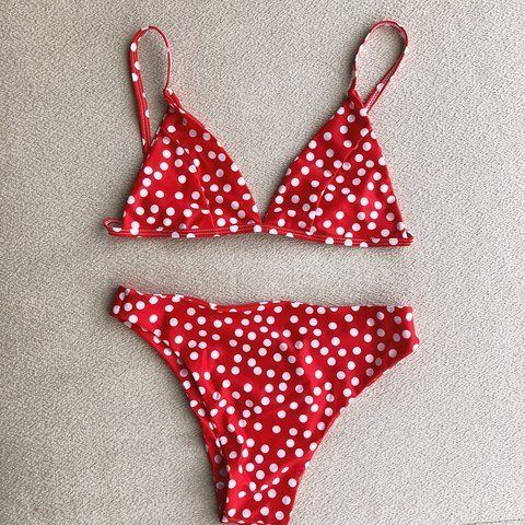 Red and white polka dot bikini