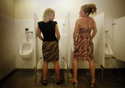 Girls peeing in the mens bathroom 